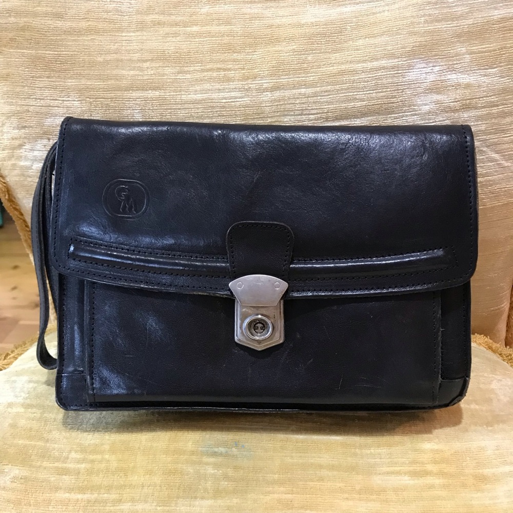 Vintage Clutch Wristlet Bag Black Leather Unisex Purse with Lock + Key Greece